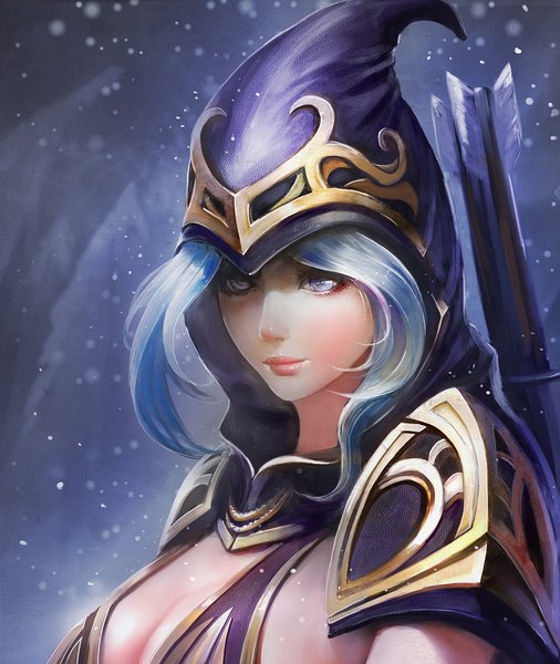 Anime picture 1000x1186 with league of legends ashe (league of legends) turewindwalker single long hair tall image breasts large breasts silver hair upper body lips realistic snowing silver eyes girl armor hood spaulder (spaulders) arrow (arrows)