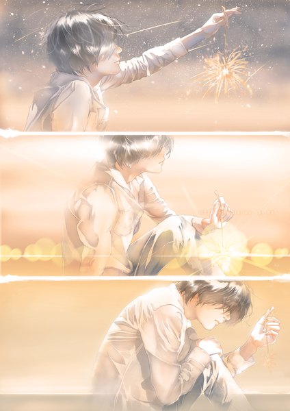 Anime picture 785x1112 with original re (artist) tall image short hair sitting holding signed upper body profile grey hair lens flare multiview boy shirt white shirt pants bengal light