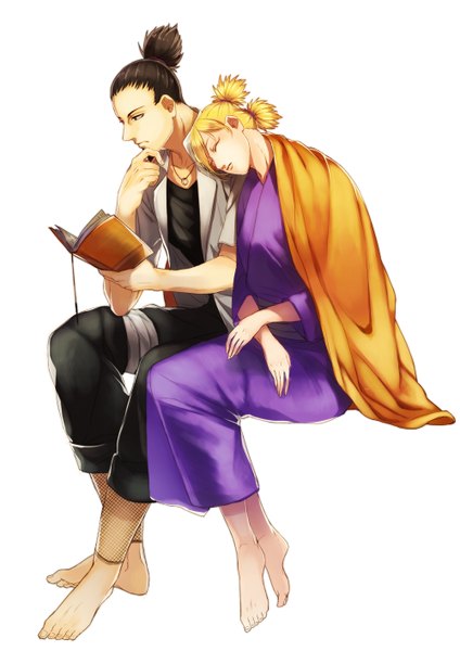Anime picture 1000x1414 with naruto studio pierrot naruto (series) nara shikamaru temari (naruto) amese hiyori (artist) tall image short hair simple background blonde hair brown hair white background looking away bent knee (knees) eyes closed traditional clothes japanese clothes bare legs couple crossed arms
