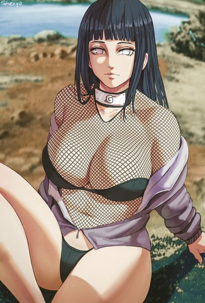 Anime picture 2370x3500 with naruto studio pierrot naruto (series) hyuuga hinata shexyo single long hair tall image looking at viewer fringe highres breasts light erotic black hair large breasts sitting signed bent knee (knees) outdoors blunt bangs
