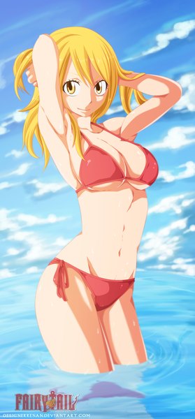 Anime picture 1086x2331 with fairy tail lucy heartfilia designerrenan single long hair tall image light erotic blonde hair smile yellow eyes sky cloud (clouds) inscription armpit (armpits) coloring reflection arms behind head girl navel swimsuit