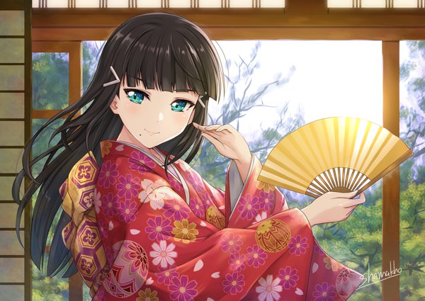 Anime picture 1735x1229 with love live! sunshine!! sunrise (studio) love live! kurosawa dia shamakho single long hair looking at viewer fringe highres black hair signed upper body indoors blunt bangs traditional clothes japanese clothes aqua eyes mole floral print