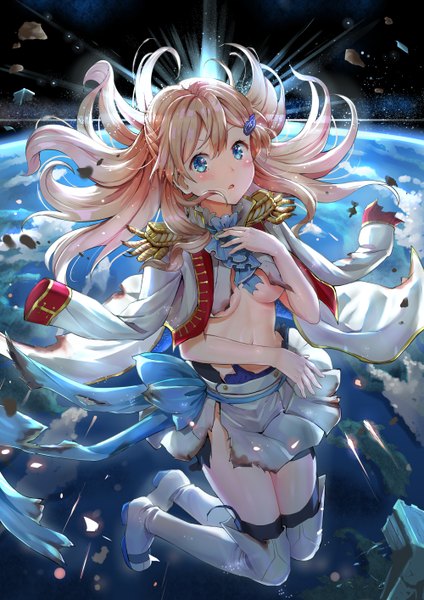 Anime picture 1000x1414 with starly girls tera (starly girls) qian wu atai single long hair tall image looking at viewer blush fringe breasts open mouth blue eyes light erotic blonde hair hair between eyes full body bent knee (knees) pleated skirt floating hair torn clothes