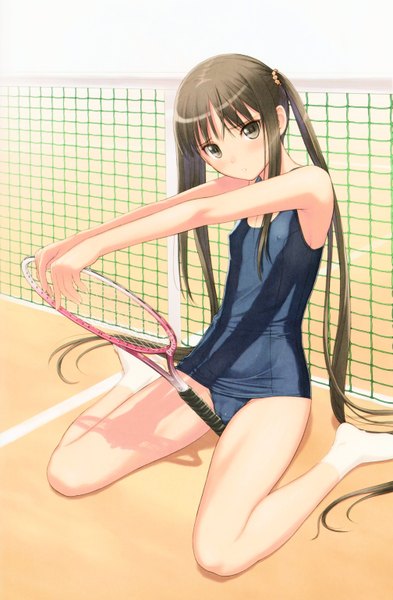 Anime picture 4025x6135 with fault!! sugiyama mio tony taka single long hair tall image highres light erotic sitting twintails bare shoulders absurdres barefoot black eyes scan bare legs cameltoe tennis girl swimsuit