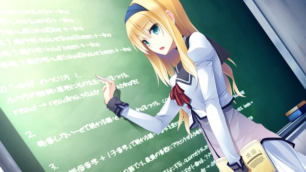 Anime picture 1280x720 with hyouka no mau sora ni alictia bright long hair open mouth blue eyes blonde hair wide image game cg girl uniform school uniform hairband