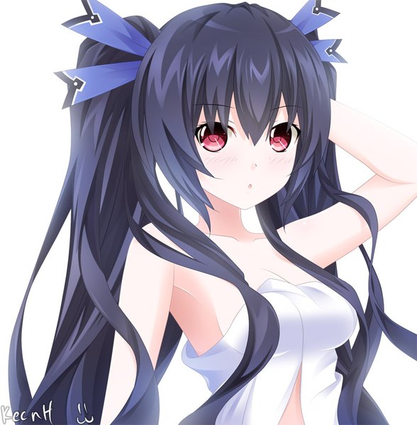 Anime picture 784x800 with choujigen game neptune noire keenh single long hair tall image looking at viewer blush fringe breasts light erotic black hair simple background hair between eyes red eyes white background twintails bare shoulders signed payot