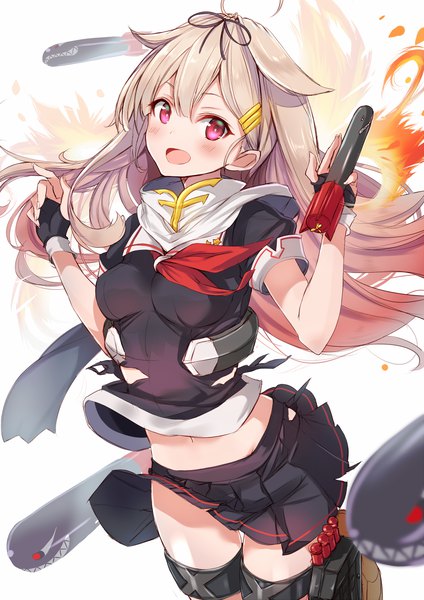 Anime picture 1060x1500 with kantai collection yuudachi destroyer fuku kitsune (fuku fox) single long hair tall image looking at viewer blush fringe breasts open mouth light erotic simple background blonde hair smile hair between eyes red eyes standing white background holding