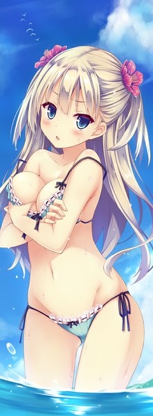 Anime picture 350x946 with original ryo (botugo) single long hair tall image looking at viewer blush breasts open mouth blue eyes light erotic blonde hair sky cleavage cloud (clouds) hair flower groin breast grab crossed arms strap slip