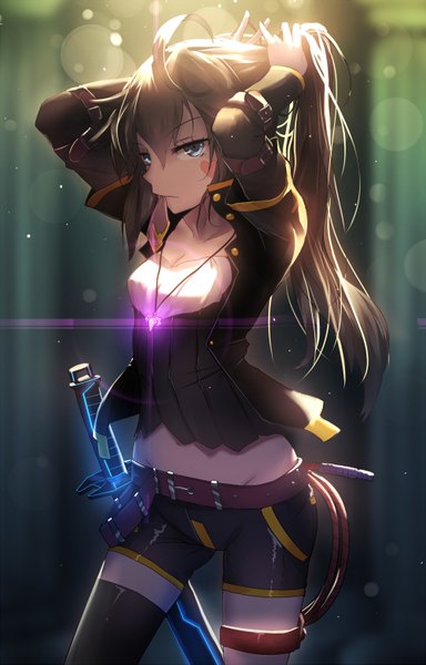 Anime picture 1000x1560 with original pixiv fantasia pixiv fantasia t qian ye (qys3) qys3 single long hair tall image blue eyes black hair holding mouth hold facial mark girl thighhighs weapon sword jacket belt katana