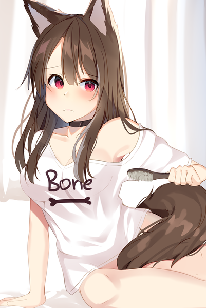 Anime picture 1003x1500 with original mizuki ryuu single long hair tall image looking at viewer blush fringe breasts light erotic hair between eyes red eyes brown hair sitting cleavage tail animal tail off shoulder arm support clothes writing