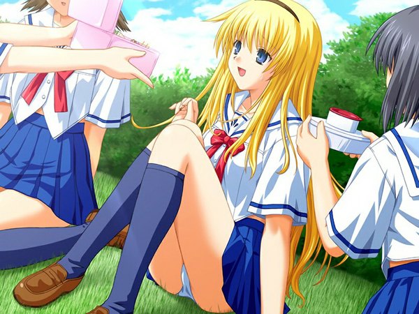 Anime picture 1024x768 with raspberry katagiri cheryl nekonyan long hair blue eyes blonde hair game cg pantyshot pantyshot sitting girl underwear panties serafuku