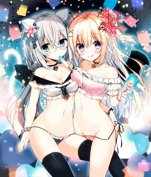 Anime picture 683x800 with original amanatsu purin (yadapot) platinum (yadapot) yadapot long hair tall image looking at viewer blush fringe breasts blue eyes light erotic hair between eyes purple eyes twintails bare shoulders multiple girls holding animal ears silver hair