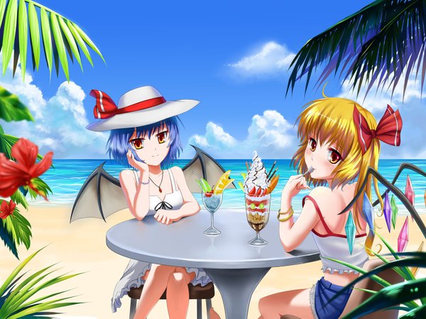 Anime picture 1500x1125 with touhou flandre scarlet remilia scarlet windtalker looking at viewer short hair blonde hair sitting multiple girls yellow eyes blue hair beach one side up crossed legs horizon bat wings chin rest girl bow 2 girls