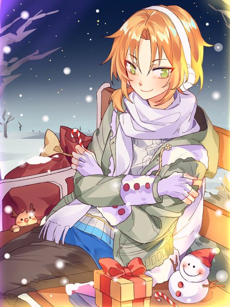 Anime picture 3000x4000 with ensemble stars! tsukinaga leo melon z single long hair tall image highres smile sitting green eyes sky orange hair open jacket snowing christmas low ponytail crossed arms boy food jacket