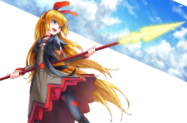 Anime picture 999x661 with precure dokidoki! precure toei animation regina (dokidoki! precure) ryuga (balius) single long hair fringe breasts open mouth blue eyes blonde hair smile standing white background looking away sky cloud (clouds) bent knee (knees) very long hair