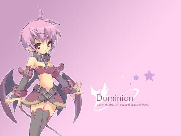 Anime picture 1600x1200 with emil chronicle online tagme (character) tagme (artist) single looking at viewer blush short hair light erotic pink hair pink eyes pointy ears bare belly wallpaper pink background demon tail demon wings girl thighhighs navel detached sleeves