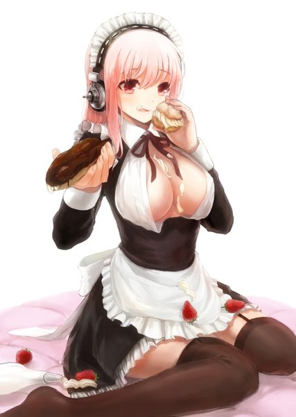 Anime picture 1140x1600 with nitroplus super sonico wokara single long hair tall image breasts light erotic red eyes large breasts pink hair maid eating girl thighhighs black thighhighs food headdress sweets headphones