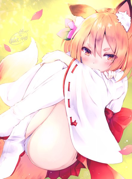 Anime picture 737x1000 with original chita (ketchup) single tall image blush fringe short hair light erotic blonde hair hair between eyes brown eyes signed animal ears looking away bent knee (knees) ass tail lying traditional clothes japanese clothes