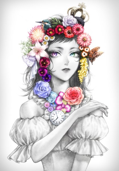 Anime picture 828x1189 with original ohagi (ymnky) single long hair tall image looking at viewer fringe simple background purple eyes bare shoulders green eyes upper body parted lips hair flower arm up lips grey background short sleeves puffy sleeves lipstick