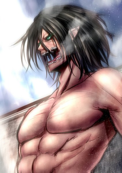 Anime picture 707x1000 with shingeki no kyojin production i.g eren yaeger rogue titan kai (link2262) tall image short hair open mouth black hair green eyes pointy ears muscle giant boy