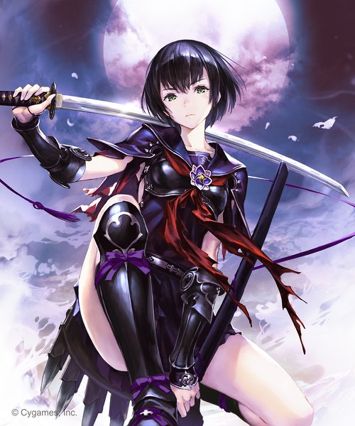 Anime picture 1000x1200 with shingeki no bahamut tsubaki (shingeki no bahamut) hisakata souji single tall image looking at viewer fringe short hair light erotic black hair hair between eyes holding green eyes cloud (clouds) full body kneeling watermark girl skirt uniform