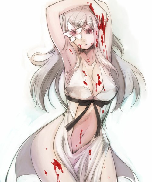 Anime picture 833x1000 with drakengard zero (drag-on dragoon) kisa single long hair tall image looking at viewer breasts light erotic simple background red eyes large breasts white background bare shoulders cleavage white hair hair flower arms up armpit (armpits) arms behind head