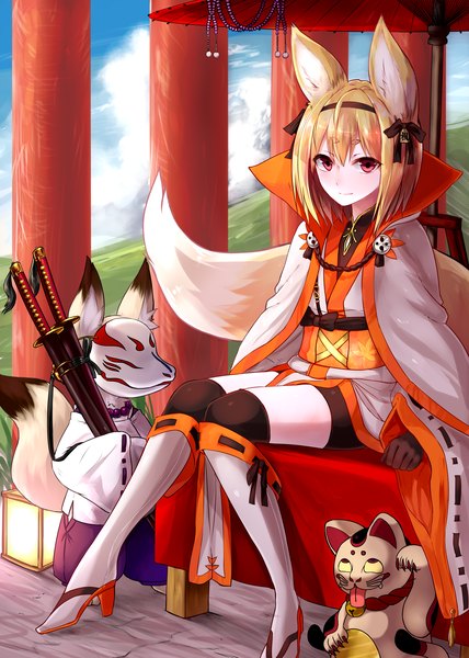 Anime picture 2500x3500 with original suke tall image highres short hair blonde hair red eyes sitting animal ears tail animal tail fox ears fox tail fox girl girl weapon animal sword boots hairband