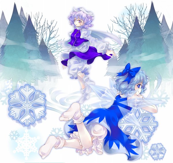 Anime picture 1295x1221 with touhou cirno letty whiterock iris anemone short hair blue eyes purple eyes multiple girls blue hair purple hair no shoes snow girl dress bow 2 girls plant (plants) hair bow wings tree (trees)