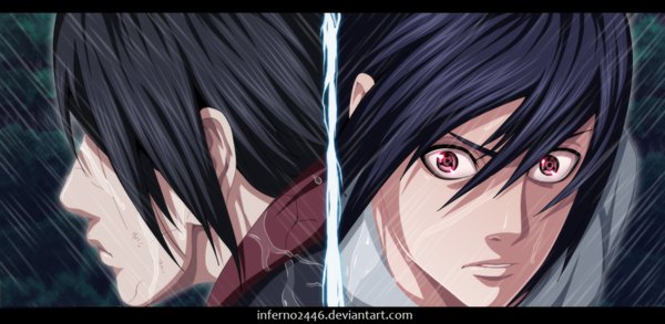 Anime picture 1080x528 with naruto studio pierrot naruto (series) uchiha sasuke uchiha itachi inferno2446 fringe short hair black hair red eyes wide image profile hair over one eye wet coloring close-up rain face multiview akatsuki