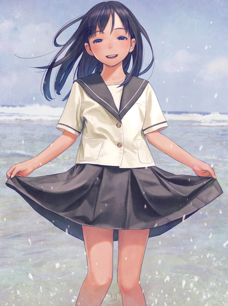 Anime-Bild 1141x1532 mit original range murata single long hair tall image looking at viewer blush fringe open mouth black hair smile sky :d pleated skirt wind black eyes scan teeth skirt hold girl