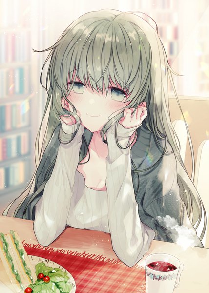 Anime picture 700x980 with shiro seijo to kuro bokushi cecilia (shiro seijo to kuro bokushi) teigi single long hair tall image looking at viewer blush fringe smile hair between eyes sitting green eyes upper body indoors long sleeves green hair blurry sleeves past wrists steam