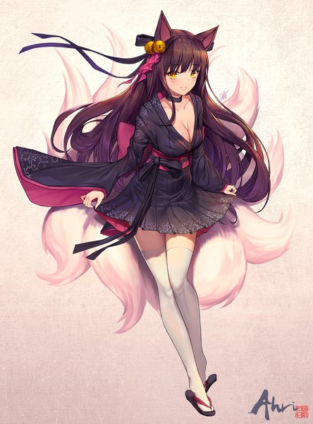 Anime picture 1483x2000 with league of legends ahri (league of legends) lee seok ho single long hair tall image blush breasts simple background smile brown hair animal ears yellow eyes cleavage full body tail traditional clothes animal tail pleated skirt wide sleeves