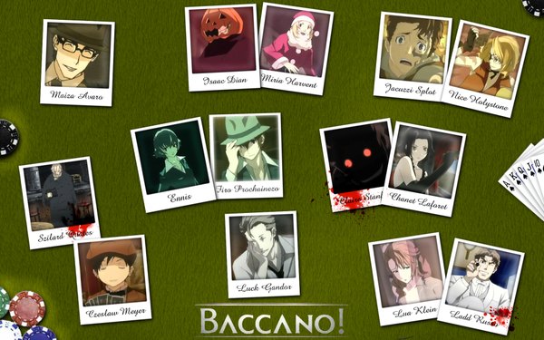 Anime picture 1920x1200 with baccano! chane laforet firo prochainezo claire stanfield miria harvent isaac dian jacuzzi splot nice holystone ennis czeslaw meyer ladd russo lua klein maiza avaro luck gandor szilard quates long hair highres short hair open mouth black hair