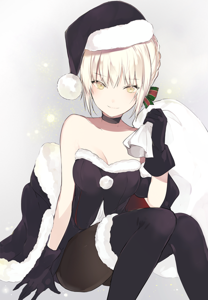 Anime picture 700x1010 with fate (series) fate/grand order artoria pendragon (all) santa alter lpip single tall image looking at viewer fringe breasts blonde hair smile sitting bare shoulders holding yellow eyes cleavage bent knee (knees) fur trim christmas