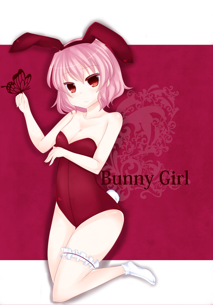 Anime picture 1050x1500 with touhou saigyouji yuyuko single tall image short hair red eyes bare shoulders pink hair bunny ears bunny girl bunny tail girl socks frills insect butterfly white socks bunnysuit