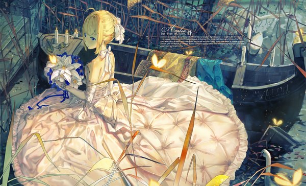 Anime picture 1920x1166 with fate (series) fate/stay night fate/unlimited codes artoria pendragon (all) saber saber lily el-zheng single fringe highres short hair blue eyes blonde hair wide image bare shoulders holding payot looking away ahoge braid (braids)