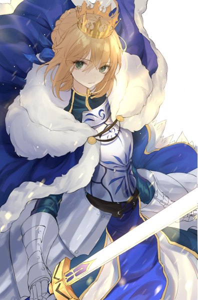 Anime picture 3300x5000 with fate (series) fate/stay night artoria pendragon (all) saber nabi (uz02) single tall image looking at viewer fringe highres short hair blonde hair simple background hair between eyes standing holding green eyes payot absurdres braid (braids)