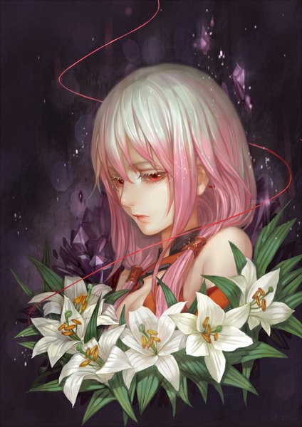 Anime picture 636x900 with guilty crown production i.g yuzuriha inori axis (artist) single long hair tall image fringe breasts red eyes twintails bare shoulders looking away pink hair girl flower (flowers) thread lily (flower) red thread