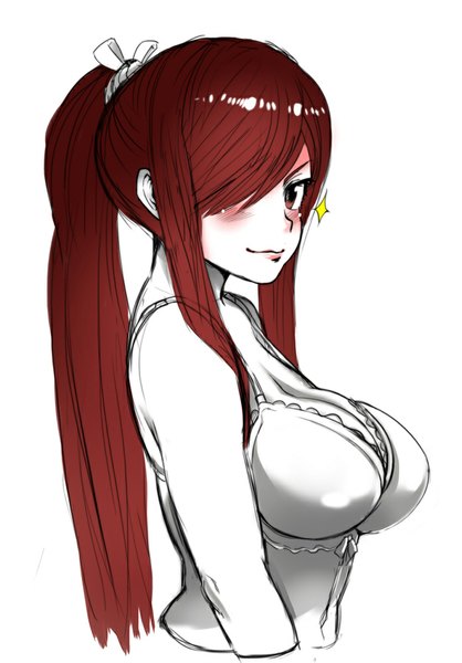 Anime picture 697x1000 with fairy tail erza scarlet the golden smurf thegoldensmurf single long hair tall image looking at viewer blush fringe breasts simple background smile brown hair large breasts white background bare shoulders brown eyes ponytail hair over one eye