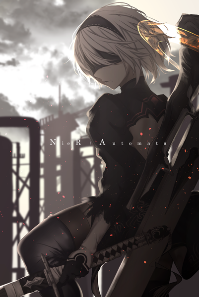 イラスト 1447x2161 と nier nier:automata ヨルハ二号b型 サイトー ソロ 長身像 短い髪 holding cloud (clouds) bent knee (knees) white hair ほくろ puffy sleeves copyright name magic 艶ぼくろ blindfold 女の子 ストッキング ドレス