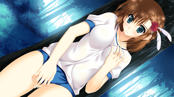 Anime picture 1024x576 with nekonade distortion yuzu (nekonade distortion) blush short hair blue eyes light erotic brown hair wide image game cg hair flower girl uniform hair ornament hairclip feather (feathers) gym uniform