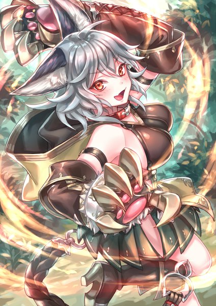 Anime picture 1415x2000 with granblue fantasy sen (granblue fantasy) zoff (daria) single tall image looking at viewer blush fringe short hair breasts open mouth light erotic hair between eyes large breasts standing animal ears silver hair ahoge outdoors pleated skirt