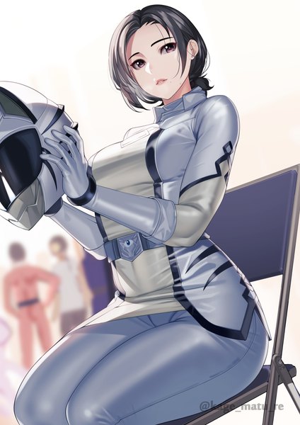 Anime picture 1736x2456 with original kagematsuri tall image fringe highres short hair breasts light erotic black hair simple background white background sitting brown eyes signed looking away parted lips twitter username solo focus low ponytail sweatdrop