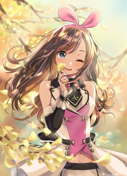 Anime picture 2949x4096 with virtual youtuber a.i. channel kizuna ai timo wei95 single long hair tall image looking at viewer blush fringe highres breasts open mouth blue eyes smile brown hair standing bare shoulders signed payot