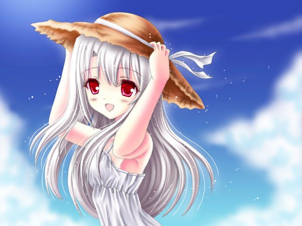 Anime picture 1280x960 with fate (series) fate/kaleid liner prisma illya illyasviel von einzbern amou yuu single long hair open mouth red eyes looking away sky silver hair cloud (clouds) upper body :d sleeveless adjusting hat girl hat straw hat hat ribbon