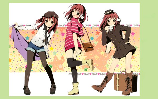 Anime picture 1680x1050 with original kantoku looking at viewer blush short hair open mouth smile brown hair wide image multiple girls brown eyes pleated skirt one eye closed looking back wink hand on hip hands behind back striped multiple persona girl