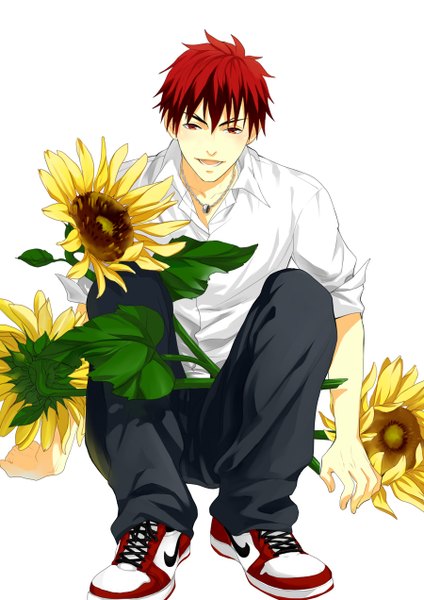 Anime picture 900x1272 with kuroko no basket production i.g nike kagami taiga yanjing jing jing single tall image looking at viewer short hair open mouth red eyes white background holding red hair alternate costume happy boy flower (flowers) shirt white shirt