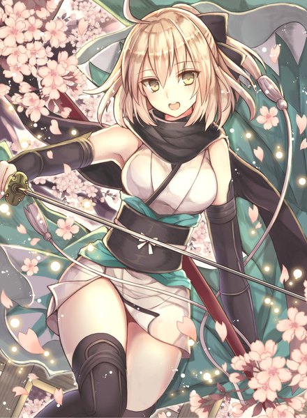 Anime picture 733x1000 with fate (series) fate/grand order koha-ace okita souji (fate) (all) okita souji (koha-ace) nozomi fuuten single tall image looking at viewer blush fringe short hair breasts open mouth blonde hair smile hair between eyes yellow eyes ahoge traditional clothes
