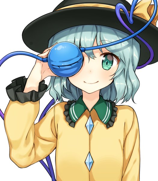 Anime picture 980x1119 with touhou komeiji koishi shnva single tall image looking at viewer blush short hair simple background smile white background green eyes blue hair covering girl hat eyeball