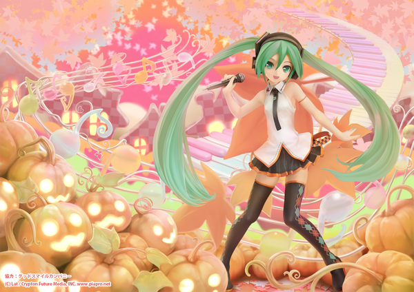 Anime picture 1280x905 with vocaloid hatsune miku nekoita single long hair looking at viewer fringe open mouth bare shoulders bent knee (knees) pleated skirt aqua eyes realistic aqua hair halloween rhombus girl thighhighs skirt black thighhighs
